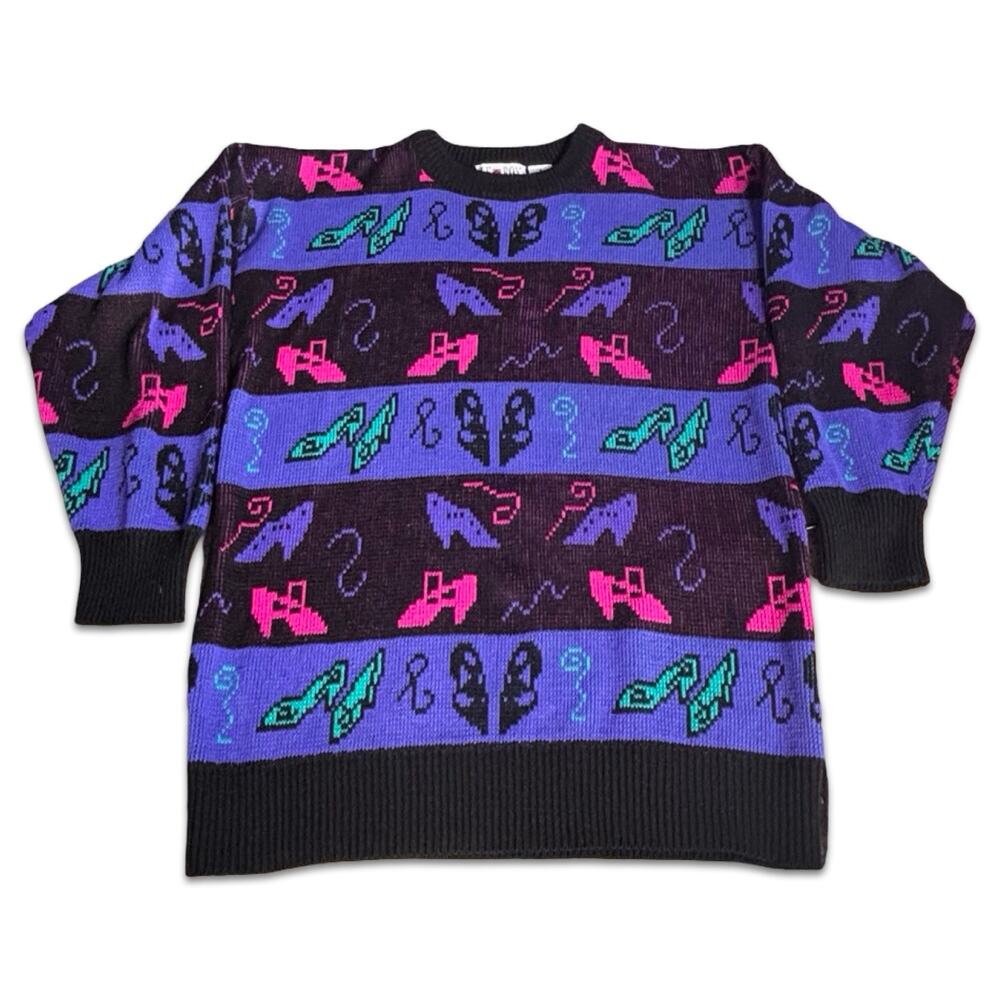 Vintage 90s High‎ Heel Shoe Graphic Sweater Purple Black Made USA Small